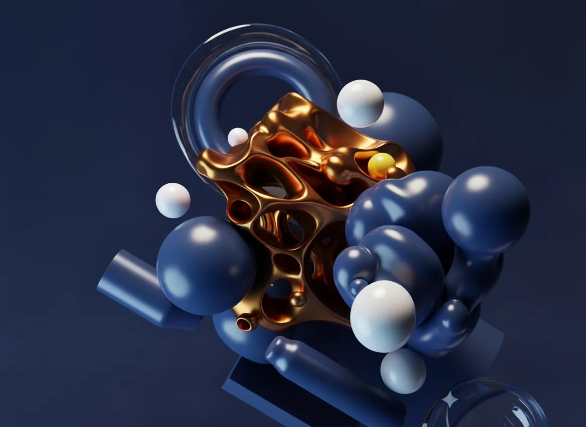 Abstract 3D art featuring a porous gold organic form, dark blue spheres, and a transparent ring.