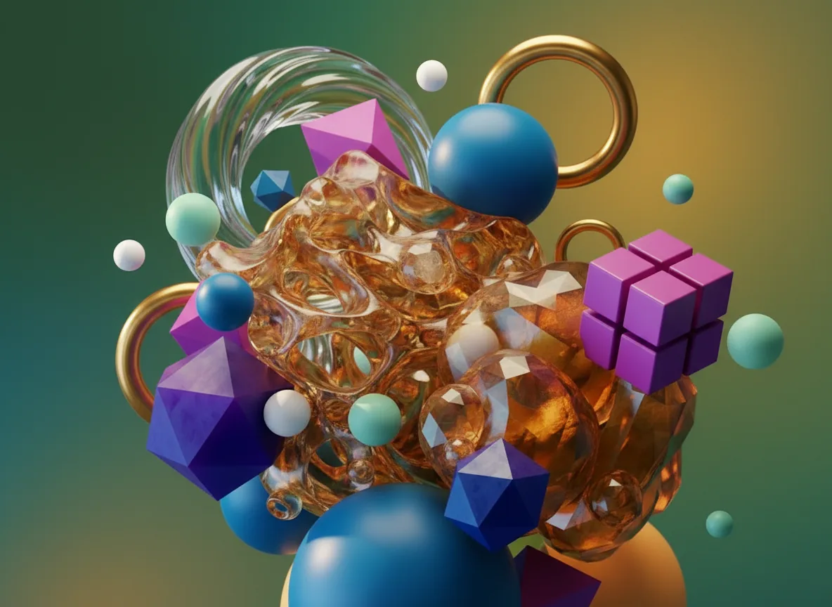 Abstract 3D art featuring a porous amber organic form, purple geometric shapes, blue spheres, and gold rings.