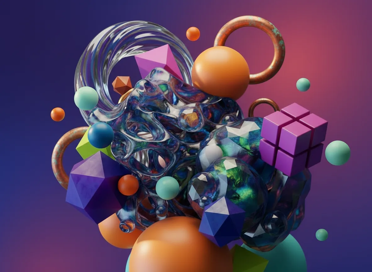 Abstract 3D art featuring a dark iridescent organic form, purple geometric shapes, orange spheres, and copper rings.