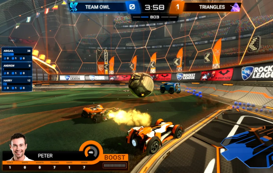 Rocket League live broadcast overlay featuring real-time player stats and score tracker