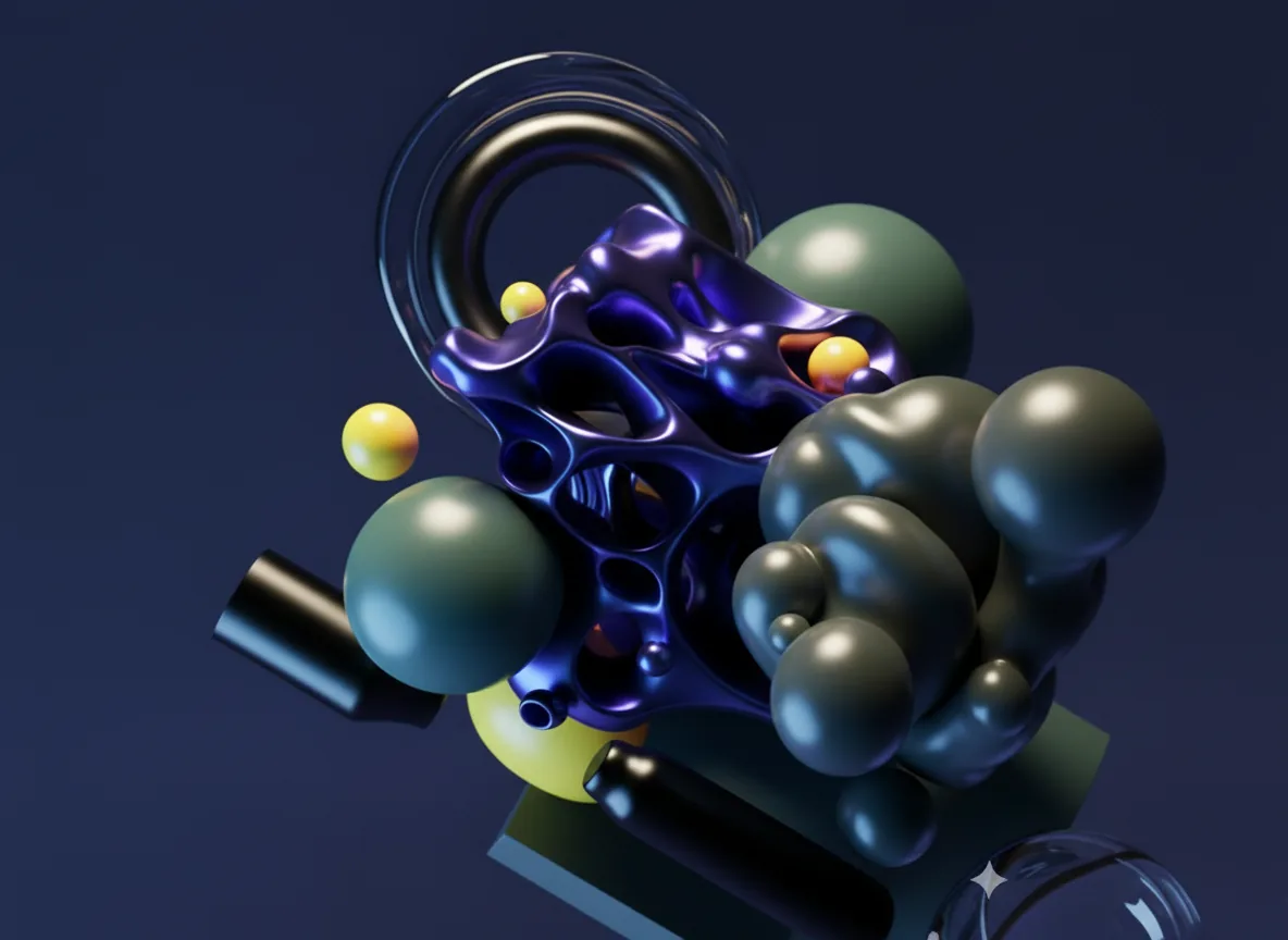 Abstract 3D art featuring a metallic purple organic form, dark green spheres, and yellow accents.