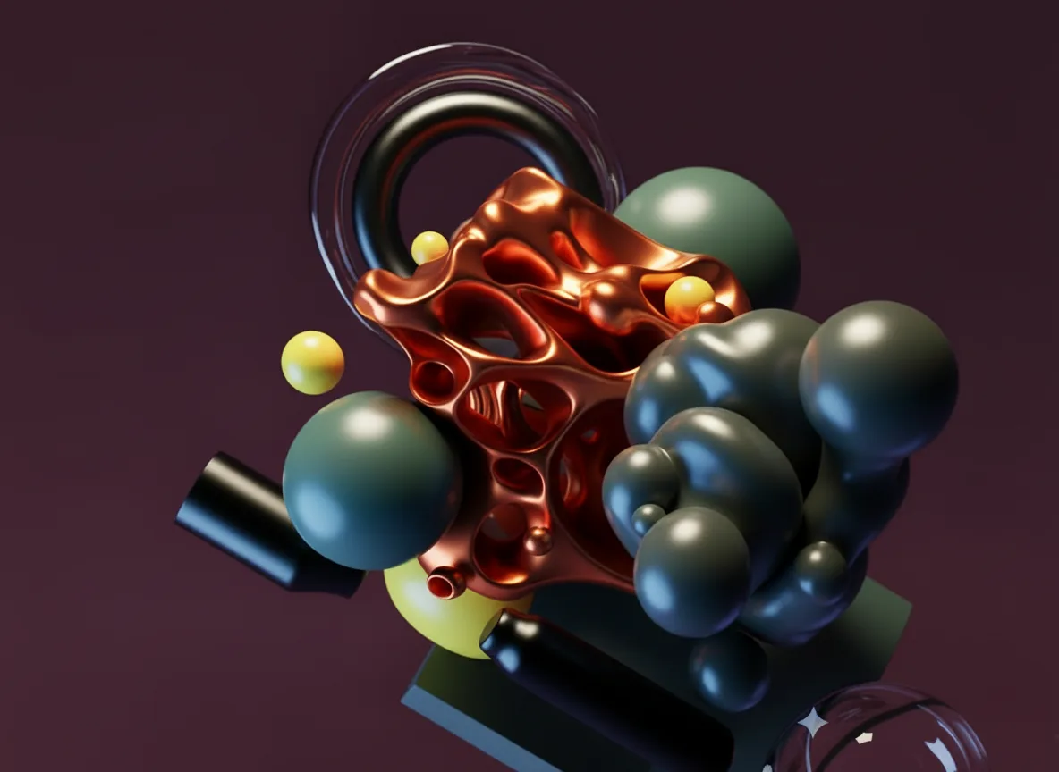 Abstract 3D art featuring a porous copper organic form, dark spheres, and yellow accents.