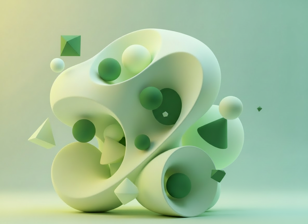 Abstract 3D art combining fluid white forms with green geometric shapes in a pastel style