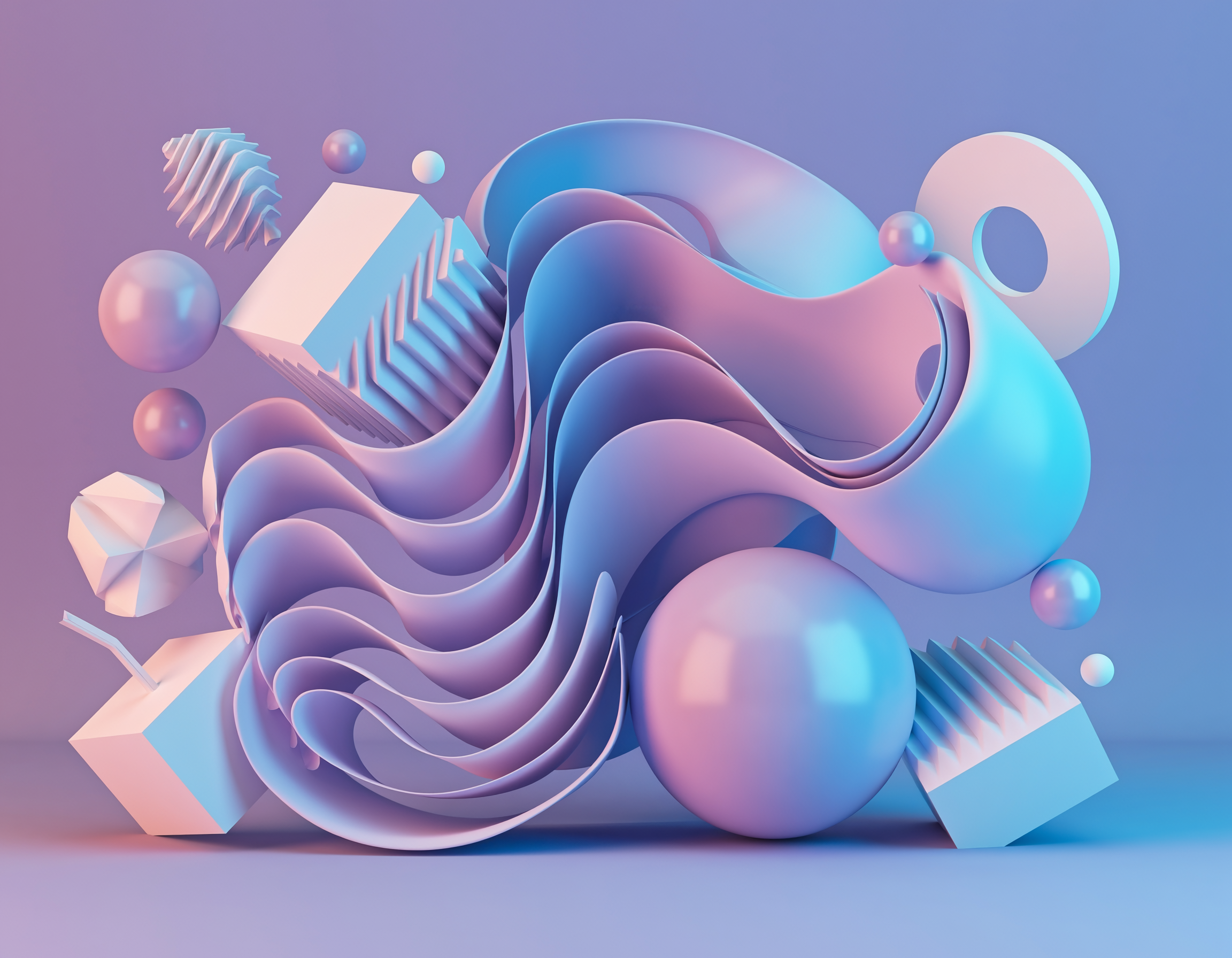 Abstract 3D art combining fluid wave-like forms with rigid geometric solids in a vibrant pink and blue color palette.