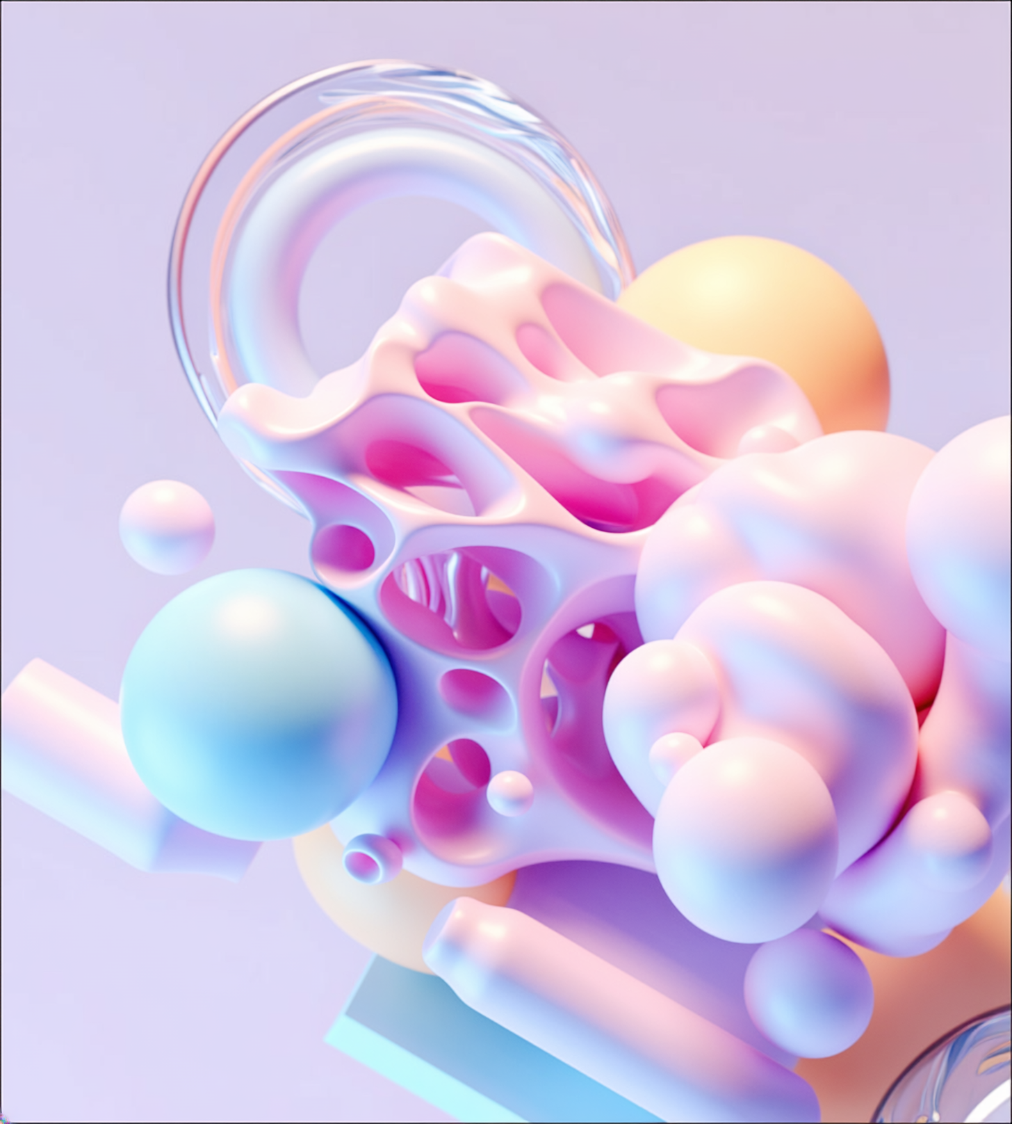 Abstract 3D art combining pink organic porous forms with pastel spheres and glass elements