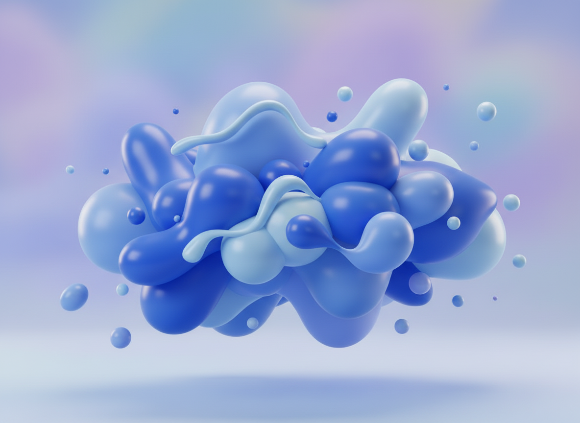 Abstract 3D art featuring a floating cloud of blue liquid-like shapes and droplets