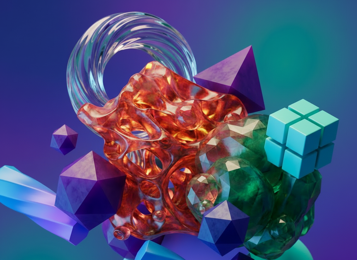 Complex 3D abstract art mixing red organic textures with green crystals and sharp geometric solids