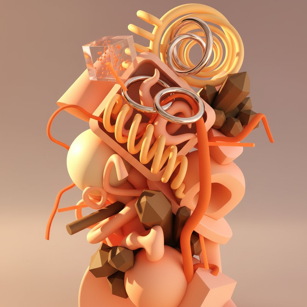 Abstract 3D art featuring a stack of orange springs, porous geometric shapes, and brown crystals.
