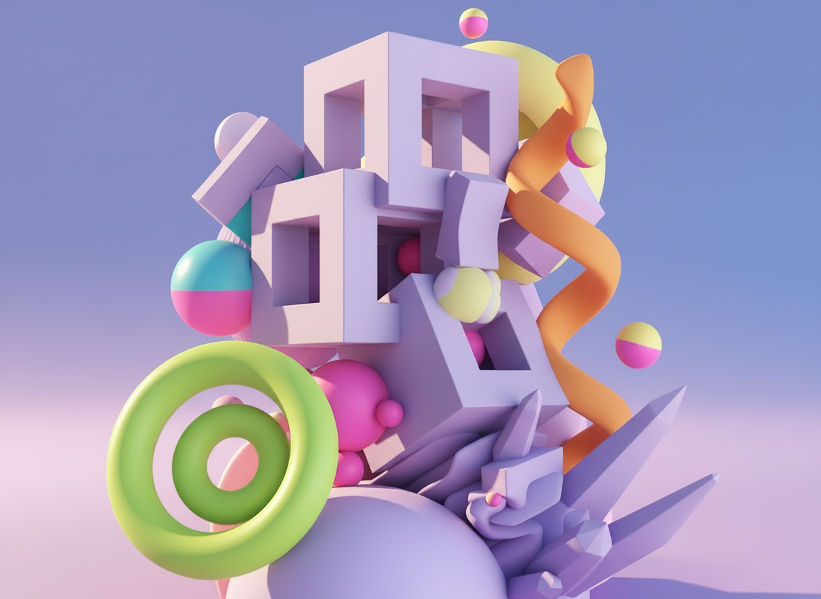 Abstract 3D art featuring stacked purple geometric frames, a green ring, and colorful floating spheres in a pastel setting.