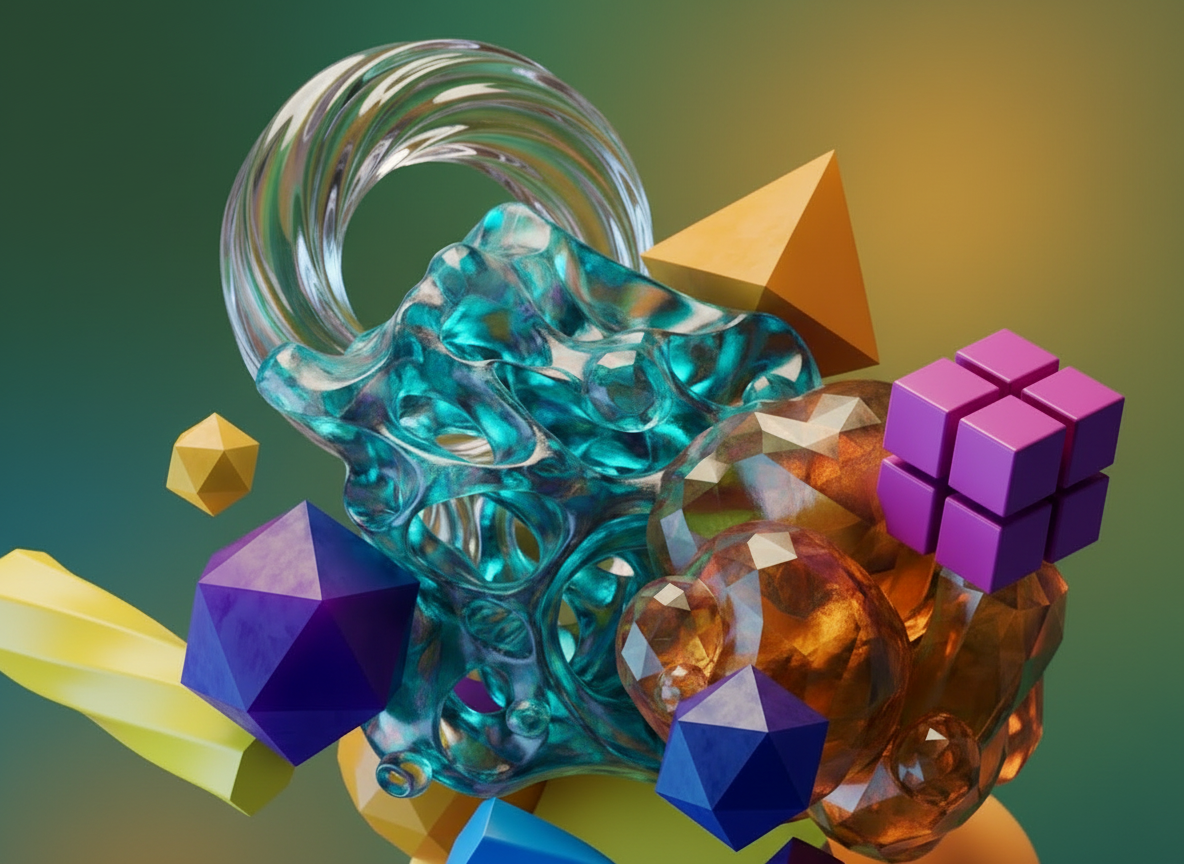 Abstract 3D art featuring a porous teal organic form, amber crystalline structures, and purple geometric shapes.