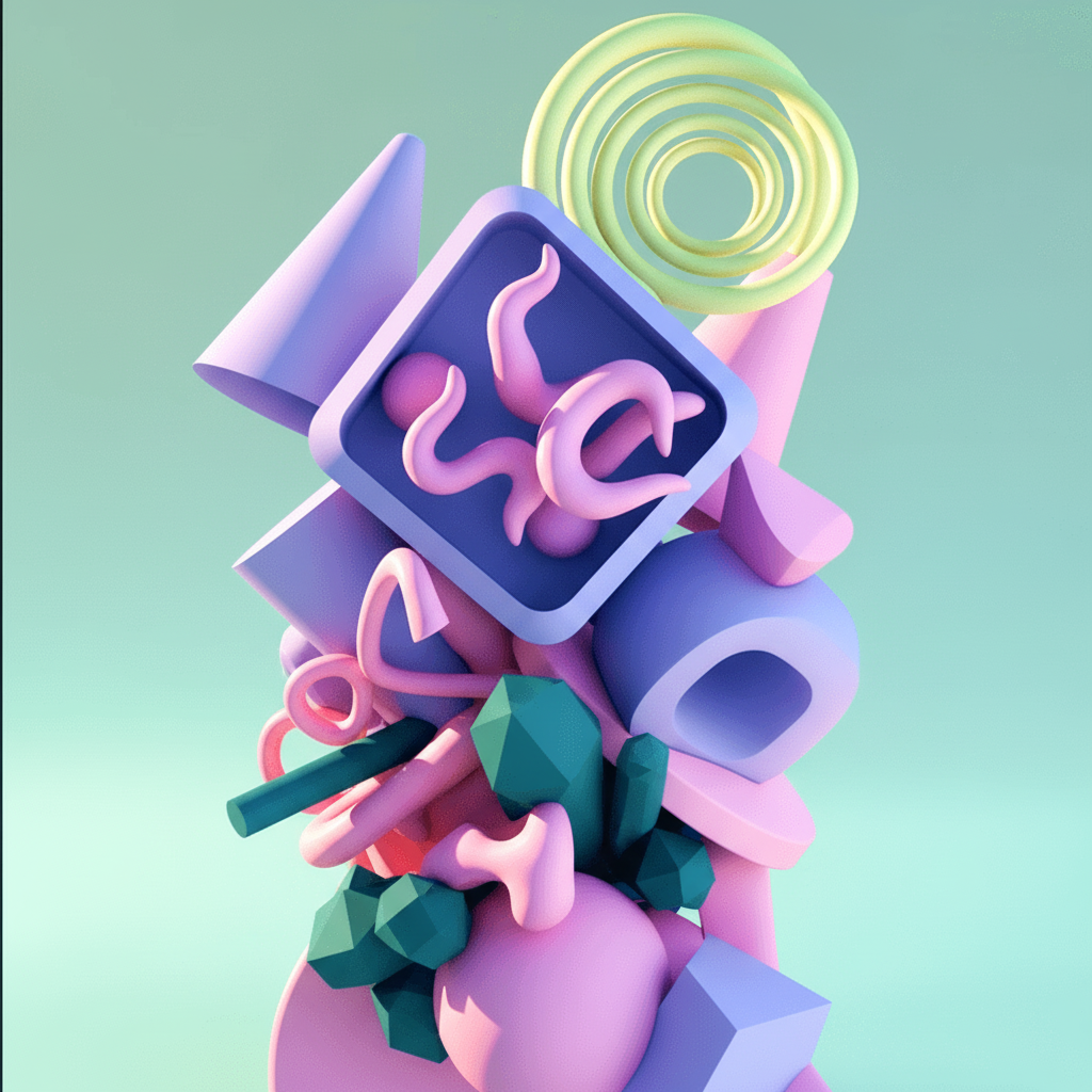 Abstract 3D art featuring a vertical stack of pink geometric forms, a square frame with organic shapes, and dark teal crystals.