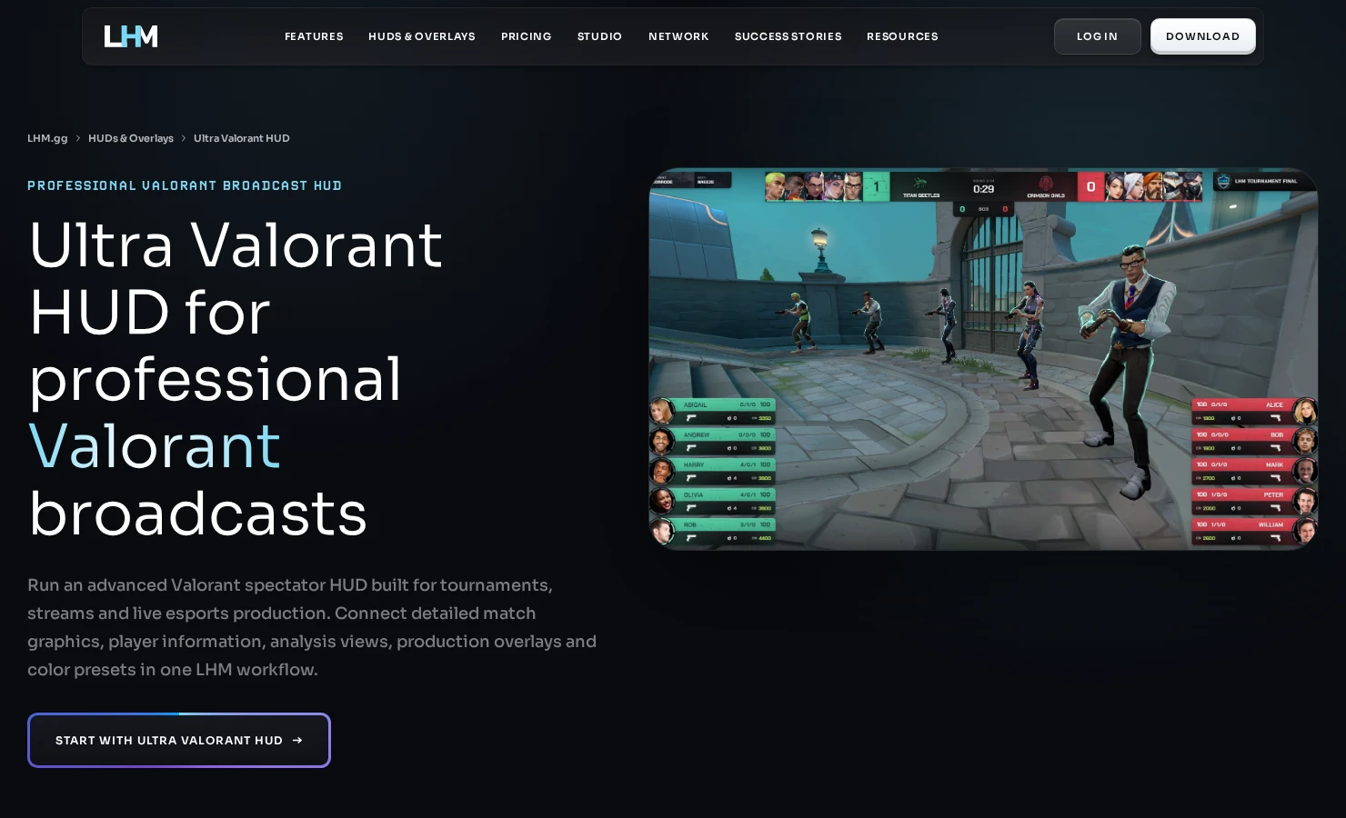 LHM's Ultra Valorant HUD website, showing the navigation, product heading, description, broadcast preview and call to action